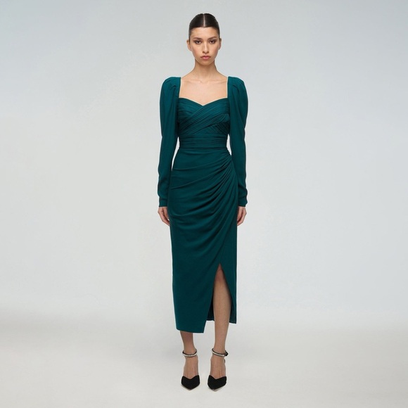 Self-Portrait deep teal Iris long sleeve jersey midi dress - size 2 (XS) NWOT - Picture 2 of 5